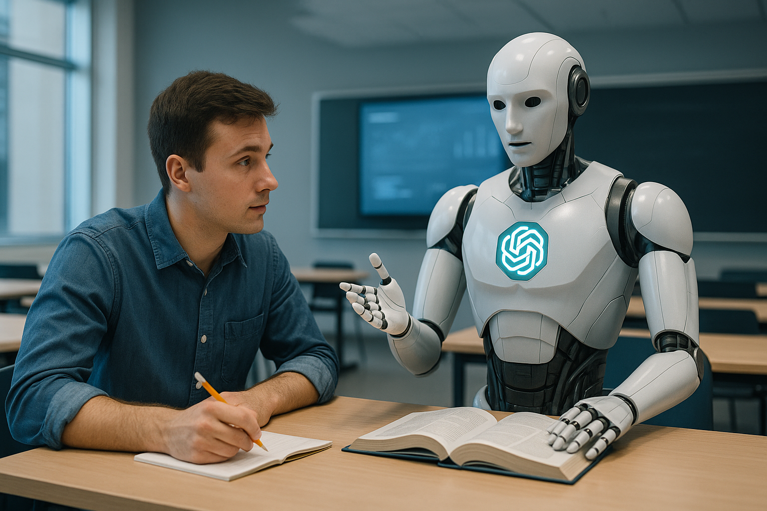 Cria uma imagem realsita, formato paisagem, tons frios, com um humano (quero uma foto d eum humanos real e não uma listração) interagindo com uma representação humanoide do ChatGpt 5 (quero que vc desenhe algo que represente você)... No plano de fundo, um mamap mundi onde as capitais setão conetcadas... Algo moderno e tecnológico.